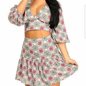 V-Neck Crop Top and High Waist Mini Skirt Set.